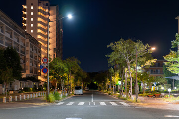 夜のドライブウェイ：遠景に灯るビルの明かり
