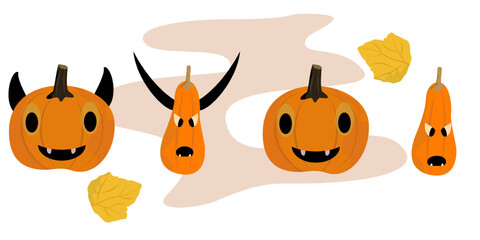 Carved pumpkins decorate Halloween and fall celebrations.
แปลบทสนทนา