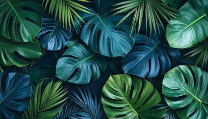 Lush Tropical Foliage Monstera  Palm Leaves Backdrop  Natures Green Pattern.