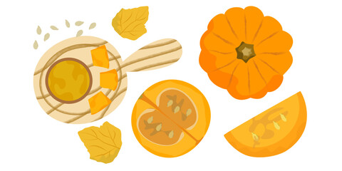  Set of pumpkin slices and pumpkin juice drink natural food colorful vector illustration.