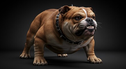 Powerful bulldog with spiked collar against dark background studio shot capturing raw strength and
