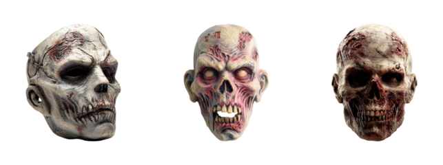 Three realistic zombie skulls with decaying flesh and empty eye sockets displayed from different angles isolated on transparent background