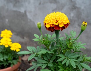 Vibrant yellow and orange marigold in a pot