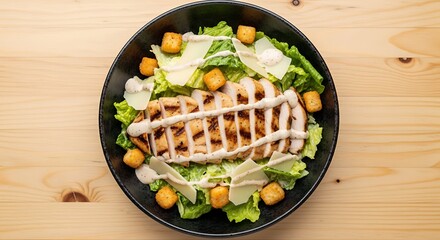 Overhead shot of chicken caesar salad in a black bowl on a light brown wooden table top surface