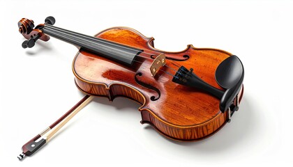 Fototapeta premium Close Up View of a Violin with Bow on White Background