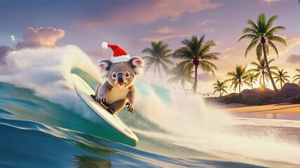 Typical Australian Christmas Scene. Koala in a Santa hat skillfully surfing a wave at sunset beside a tropical island festooned with holiday lights under a vivid sky. Video made using Generative AI. - Powered by Adobe