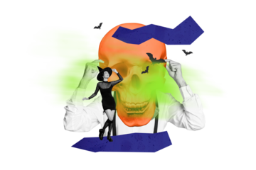 Composite trend artwork collage of halloween autumn season spooky creepy day young lady stand huge man headless skull bone hand gesture