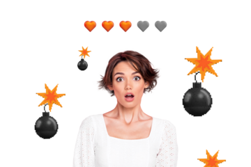 Composite photo collage of nice astonished girl play computer game cartoon life bomb explosion extreme isolated on painted background