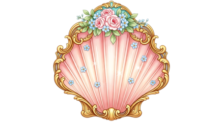 Illustration of ornate pink seashell frame with golden trim and floral decoration, isolated on transparent background
