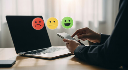 Businessman evaluating feedback on smartphone while using laptop  