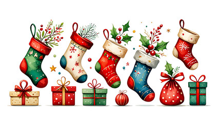 Festive Christmas Stockings and Gifts Watercolor Illustration Perfect for Holiday Designs and Seasonal Greetings with Traditional Elements