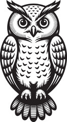 stylized owl vector illustration front view ornamental feathers bold lines logo emblem design for branding