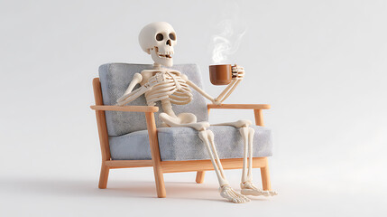 Skeleton Sitting in Armchair Holding Coffee Cup cartoonish photo