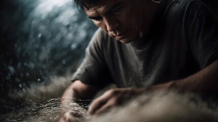 A focused fisherman diligently mends a fishing net showcasing traditional craftsmanship and weathered hands in dim indoor light