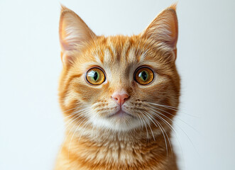 High-quality hyperrealistic close-up portrait of a ginger tabby cat with engaging green eyes isolated on a pristine white background