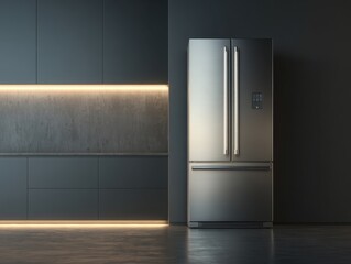Modern refrigerator design in minimalist kitchen home interior contemporary stylish dark environment