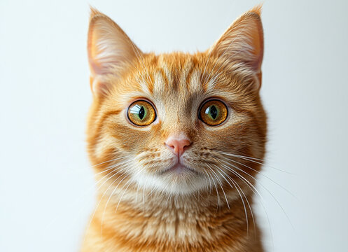 High-quality hyperrealistic close-up portrait of a ginger tabby cat with engaging green eyes isolated on a pristine white background - Powered by Adobe