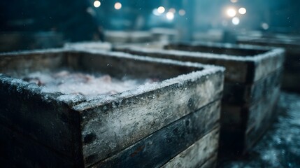 Wooden crates filled with ice and raw seafood in a cold atmospheric setting