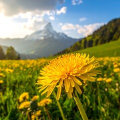 Vibrant yellow dandelion in a meadow, mountains in the background