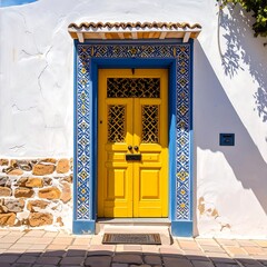 Vibrant yellow door on a whitewashed building