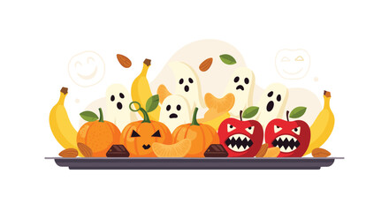 Halloween fruit and vegetable characters with ghosts on a platter.
