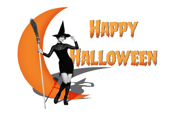 Composite artwork collage of poster happy halloween autumn holiday spooky season young lady witch hold broomstick stand posing half moon