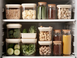 Organized food storage in a modern refrigerator kitchen setting photography minimalist environment top view healthy living concept