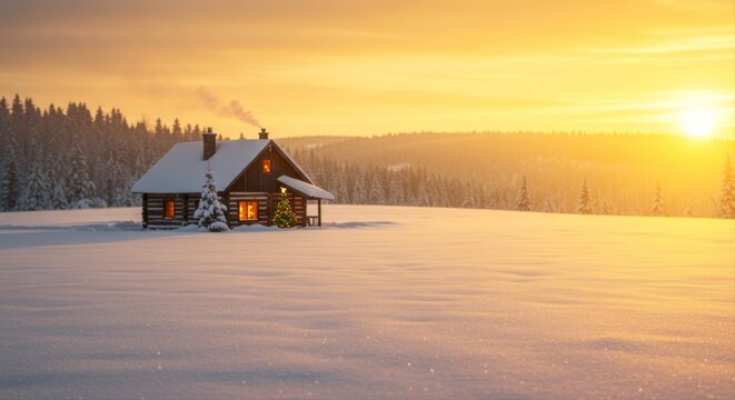 Serene winter landscape of a snow-covered cabin under a golden sunset light