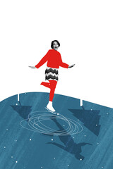 Sketch composite 3D collage of winter season advent Christmas holiday happy young woman sport ride ice skates frozen lake cold weather