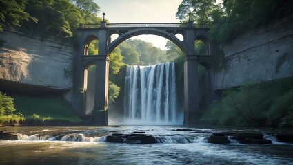 Waterfall cascading under an arched stone bridge, surrounded by lush greenery and flowing river.