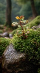 Young Plant Growing on Mossy Rock with Water Droplets