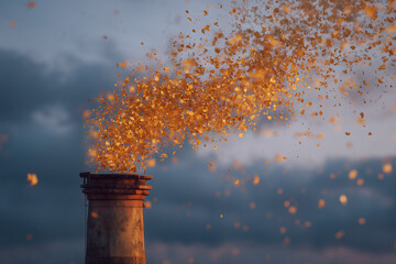 Old chimney with smoke shaped like golden autumn leaves. Surreal seasonal autumn concept with cinematic atmosphere.