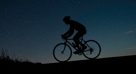 Silhouette cyclist enjoying a night ride beneath a starlit sky adventure awaits