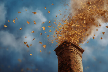 Old chimney with smoke shaped like golden autumn leaves. Surreal seasonal autumn concept with cinematic atmosphere.