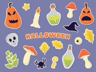 A bright set of cartoon Halloween themed stickers. It includes pumpkins, a skull, potions, a hat, a spider and other traditional symbols. Perfect for designs, postcards, web graphics, and Halloween st