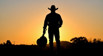 Silhouette of a cowboy with a guitar against a stunning sunset background landscape