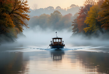 Small boat sailing through thick morning fog on a river surrounded by autumn forest