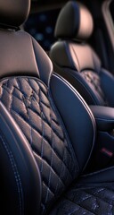Naklejka premium Detailed close-up of a luxury, diamond-stitched black leather car seat interior