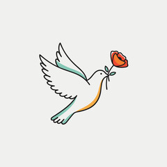 Dove carrying a poppy, a symbol of remembrance day, memorial, ceremony, and veterans, vector illustration
