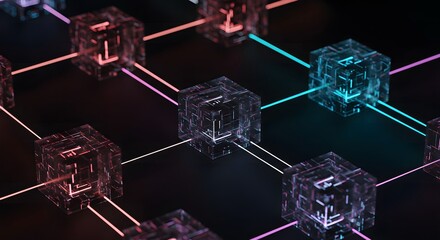 Abstract Blockchain Technology Concept with Glowing Cubes and Connections.