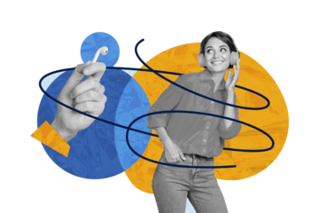 Composite photo collage of happy girl wear headphones hand offer new airpods exchange music listening hobby isolated on painted background