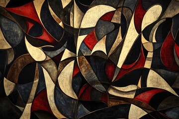 Intricate composition featuring multiple layers of shapes interacting spatially