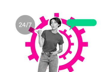 Composite trend artwork sketch image collage of silhouette young lady student geek wow gesture thumb choose service  speech cloud cogwheel