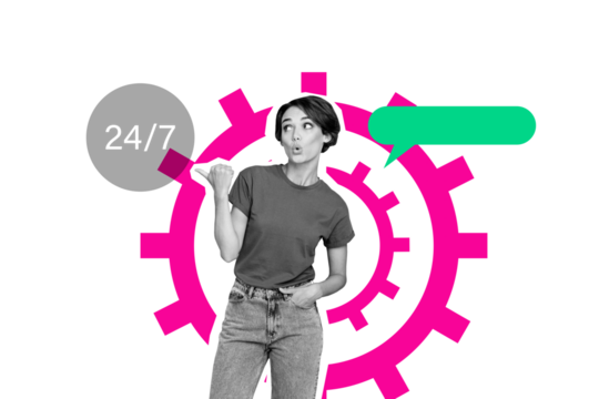 Composite trend artwork sketch image collage of silhouette young lady student geek wow gesture thumb choose service  speech cloud cogwheel