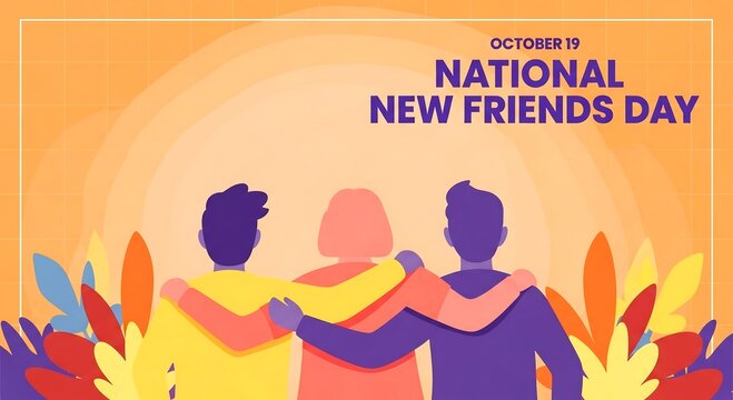 Celebrating national new friends day on october 9th with a vibrant illustration of three friends embracing