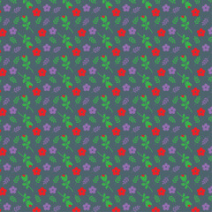 Seamless pattern vector illustration with red flowers and green leaves, perfect for summer wallpaper or floral paper design texture