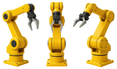 Three Yellow Robotic Arms with Grippers in Different Poses on White Background industrial robot automation isolated on a transparent background