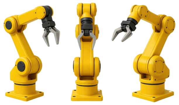 Three Yellow Robotic Arms with Grippers in Different Poses on White Background industrial robot automation isolated on a transparent background