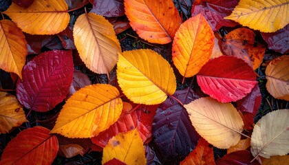 Fototapeta premium Close up of Colorful Autumn Leaves with Water Droplets in Detail Dark Background Macro Photography