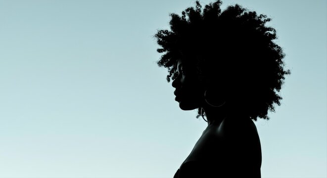 Striking silhouette of a woman with afro hair against a gradient sky background